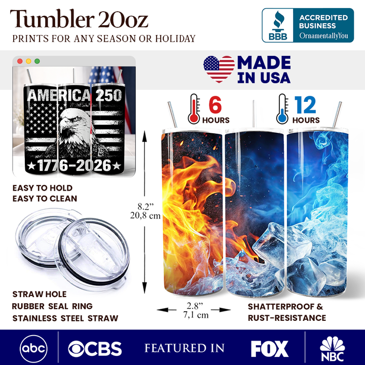 America 250 Freedom Flag Eagle 20oz Personalized Tumbler With Lid and Stainless Steel Straw, 4th of July Patriotic 1776–2026 Gift Cup