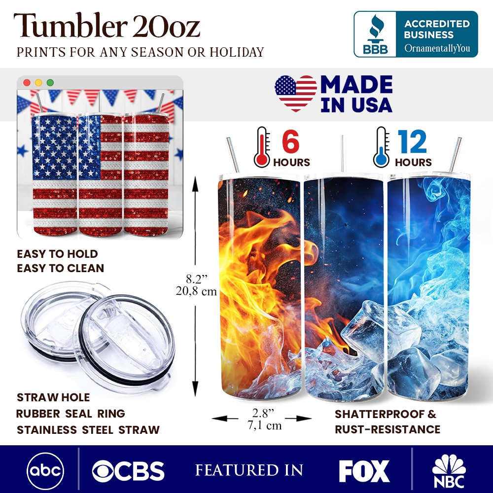 American Flag Sequin Print 20oz Personalized Tumbler With Lid and Stainless Steel Straw, Patriotic USA Stars and Stripes Gift Cup Tumbler OrnamentallyYou 