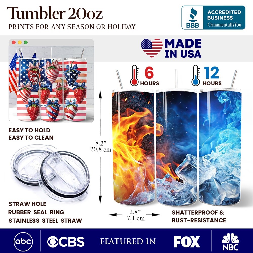 Berry Proud to Be an American 20oz Personalized Tumbler With Lid and Stainless Steel Straw, Patriotic Strawberry 4th of July Gift Cup Tumbler OrnamentallyYou 