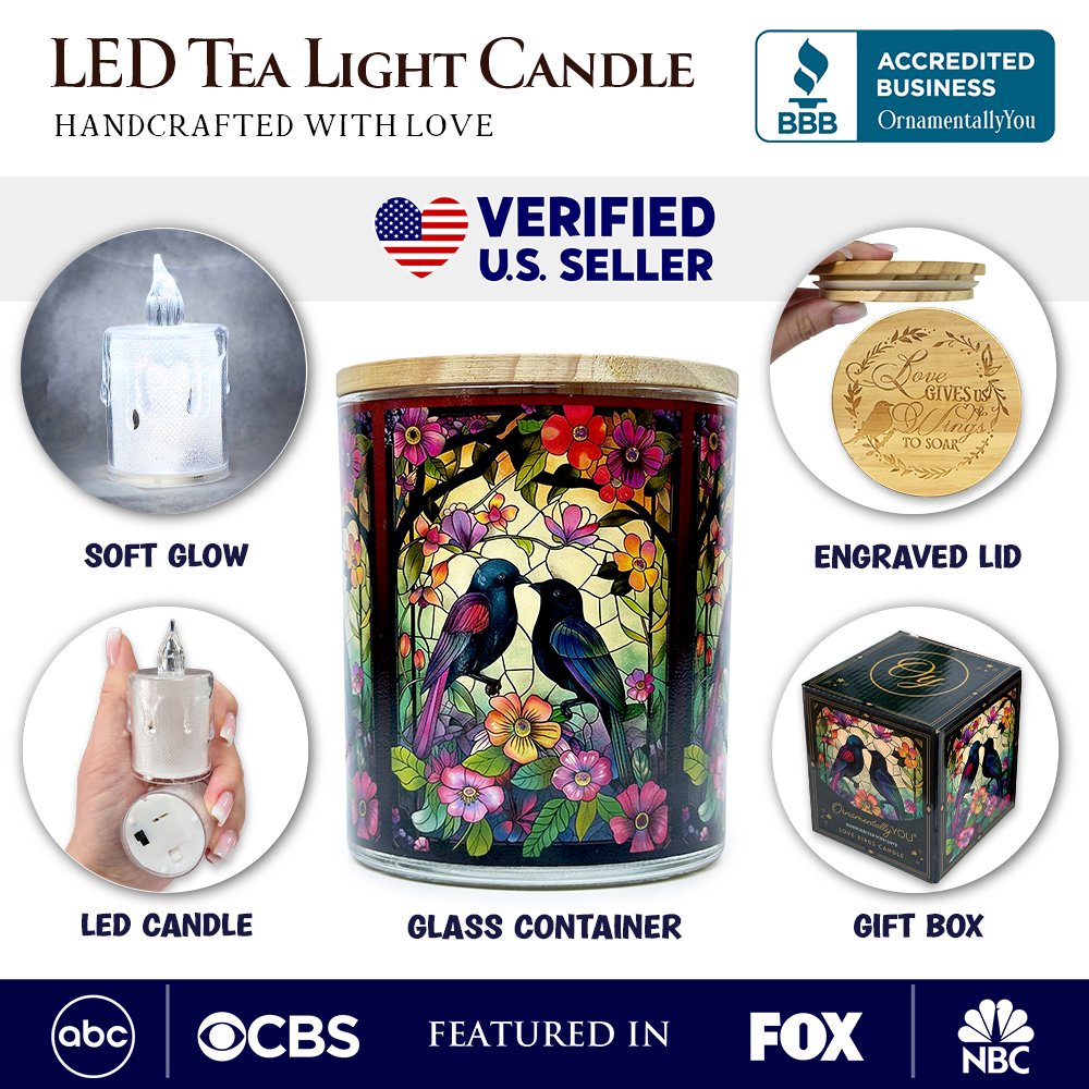 Birds of Love Faux Stained Glass LED Tea Light Candle, Cozy Romantic Valentine Decor With Soft Glow Candles OrnamentallyYou 
