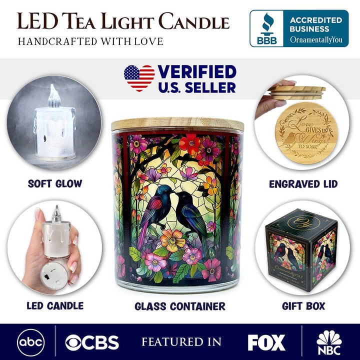 Birds of Love Faux Stained Glass LED Tea Light Candle, Cozy Romantic Valentine Decor With Soft Glow Candles OrnamentallyYou 