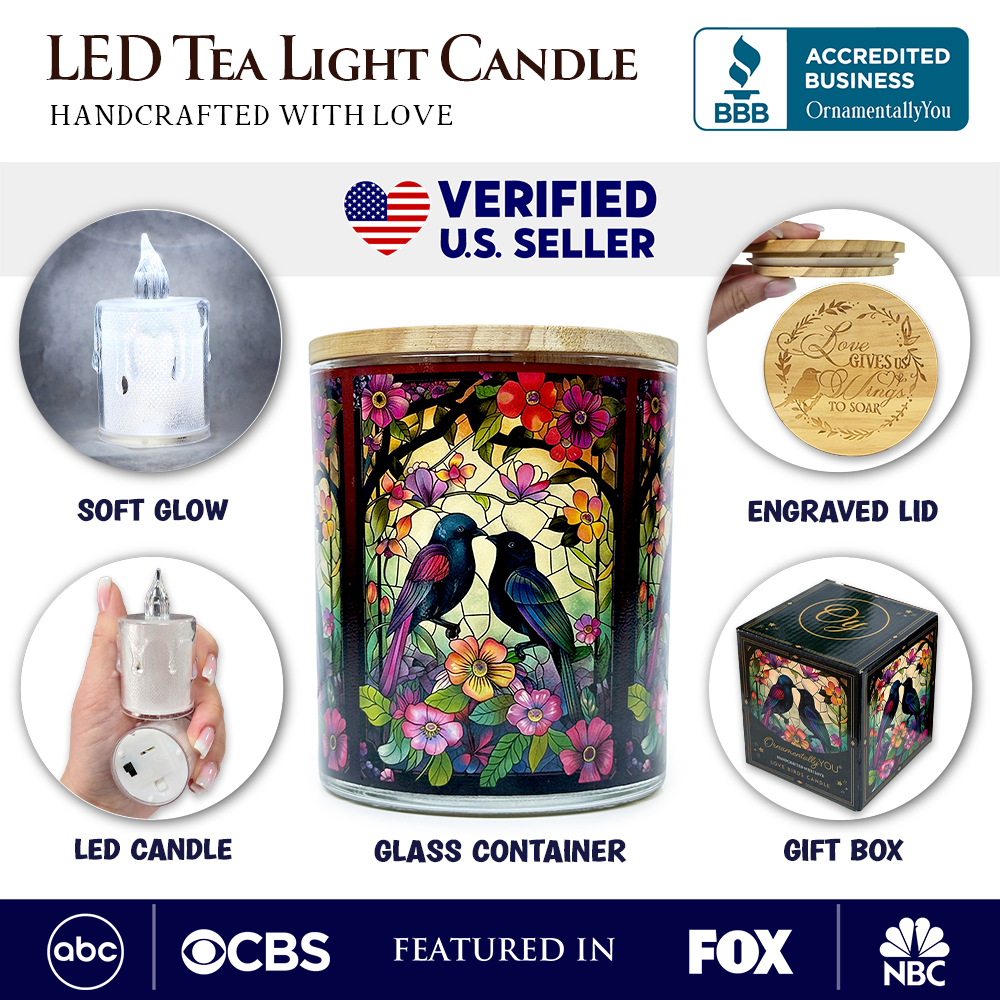 Birds of Love Faux Stained Glass LED Tea Light Candle, Cozy Romantic Valentine Decor With Soft Glow