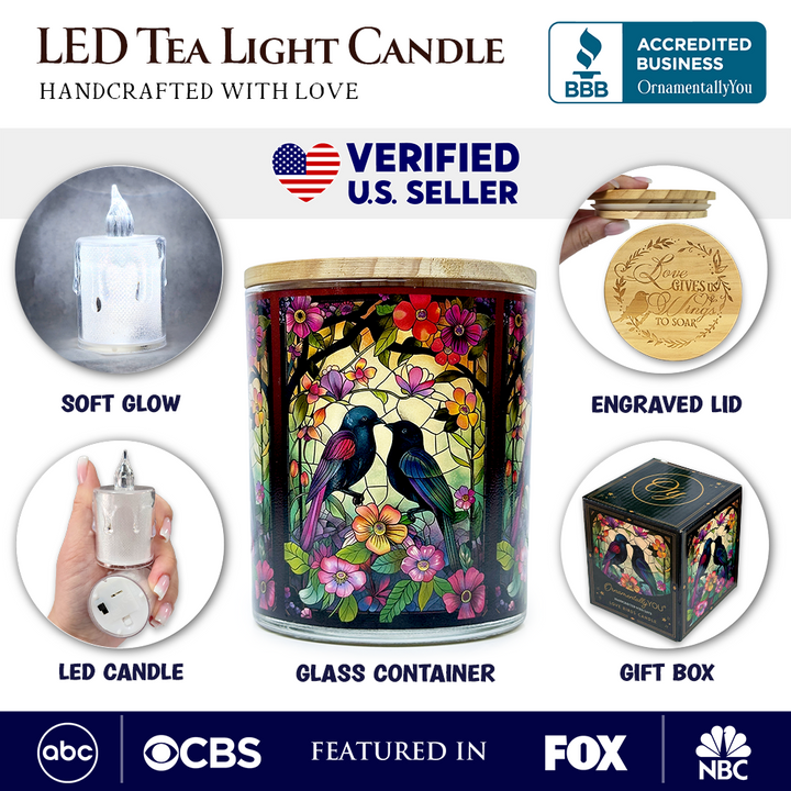 Birds of Love Faux Stained Glass LED Tea Light Candle, Cozy Romantic Valentine Decor With Soft Glow