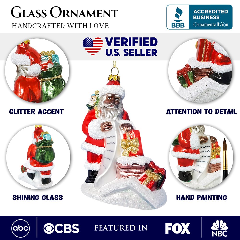 Black Santa and His List Glass Christmas Ornament, African American Tree Decor Glass Ornament OrnamentallyYou 