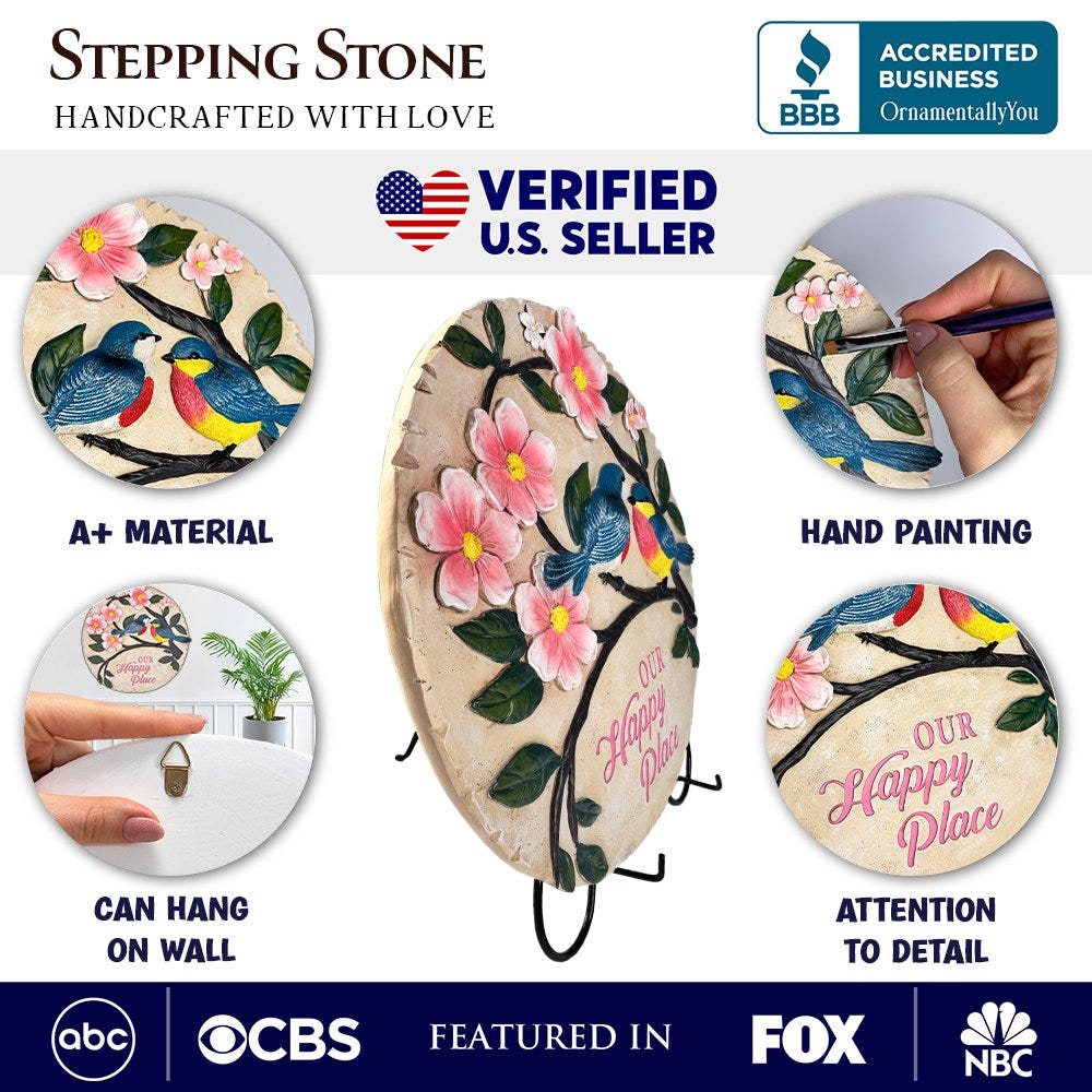 Blossoming Songbirds Positivity Stepping Stone, 9.5" Happiness Garden Decoration and Support Gift Resin Statues OrnamentallyYou 