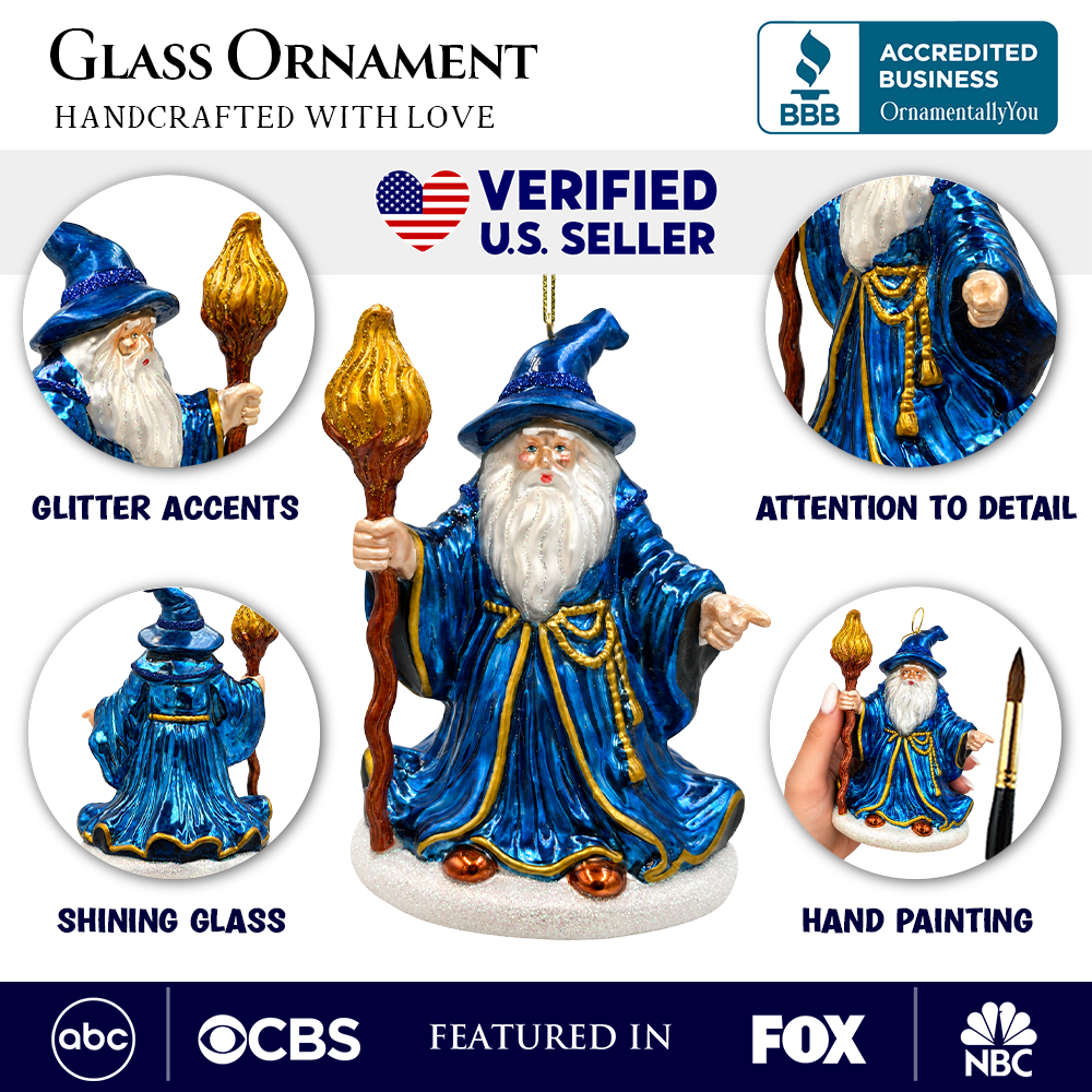 (PRE-ORDER) Blue Wizard with Flaming Staff Glass Christmas Ornament, Fantasy Sorcerer Magic Tree Decor