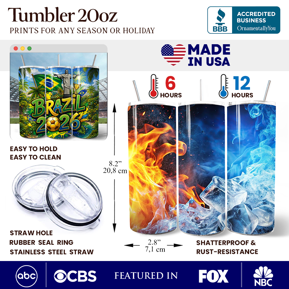 Brazil 2026 Soccer Cup Global Championship 20oz Tumbler With Lid and Stainless Steel Straw, Fans Football Gift Cup