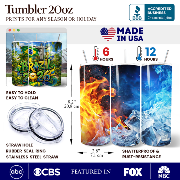 Brazil 2026 Soccer Cup Global Championship 20oz Tumbler With Lid and Stainless Steel Straw, Fans Football Gift Cup