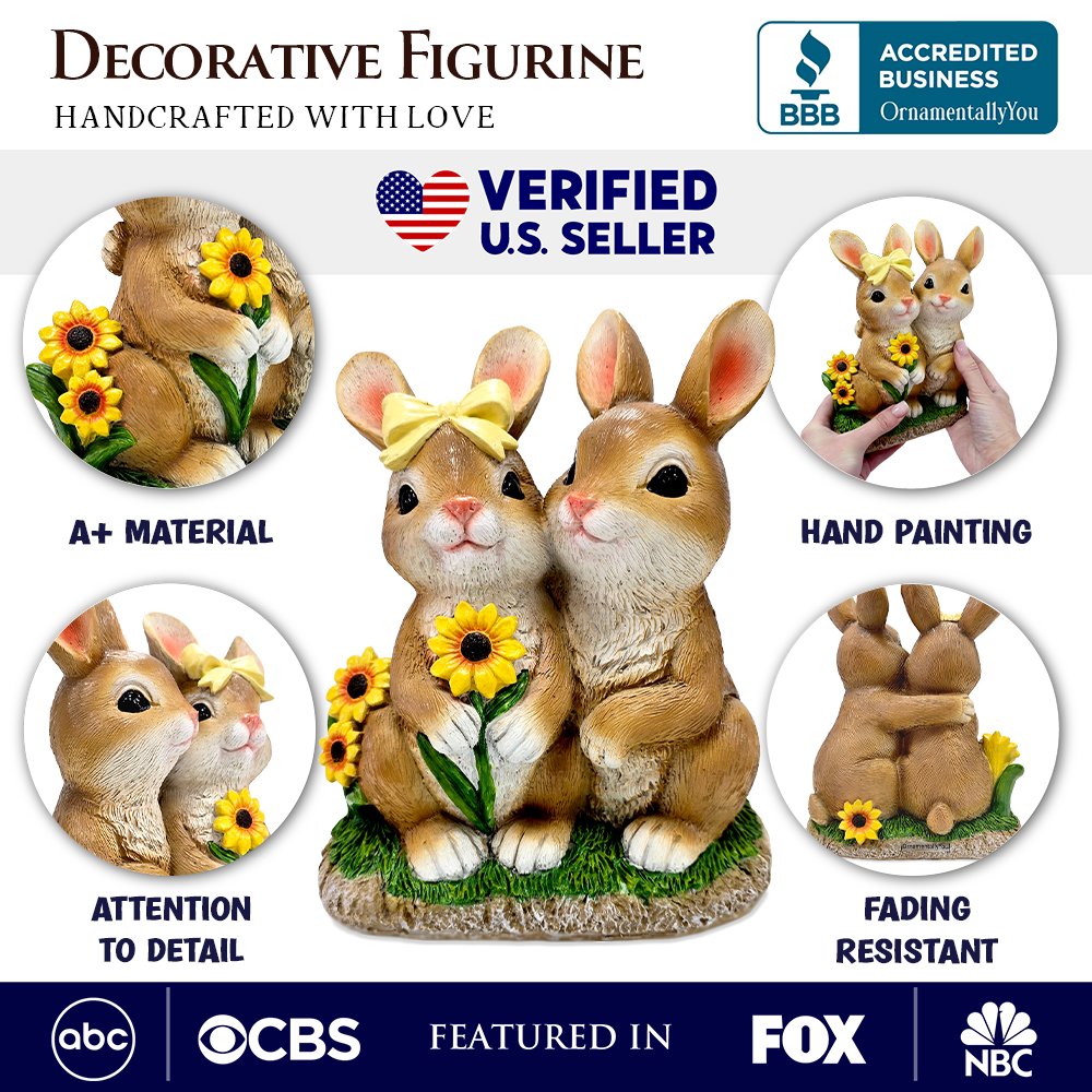 Bunny Embrace Garden Statue, 8" Hugging Rabbit Couple Figurine Outdoor Decor Resin Statues OrnamentallyYou 