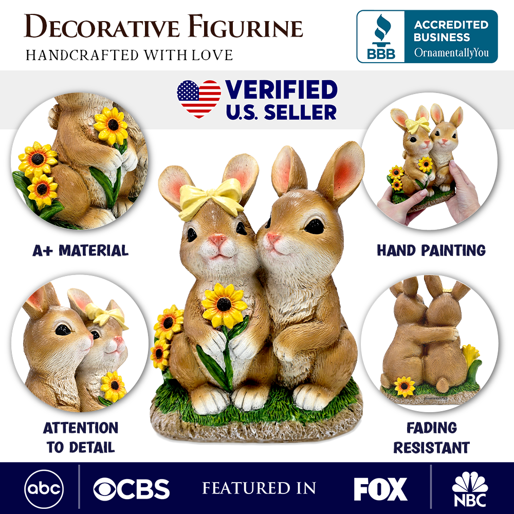 Bunny Embrace Garden Statue, 8" Hugging Rabbit Couple Figurine Outdoor Decor
