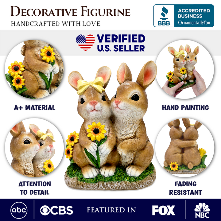 Bunny Embrace Garden Statue, 8" Hugging Rabbit Couple Figurine Outdoor Decor