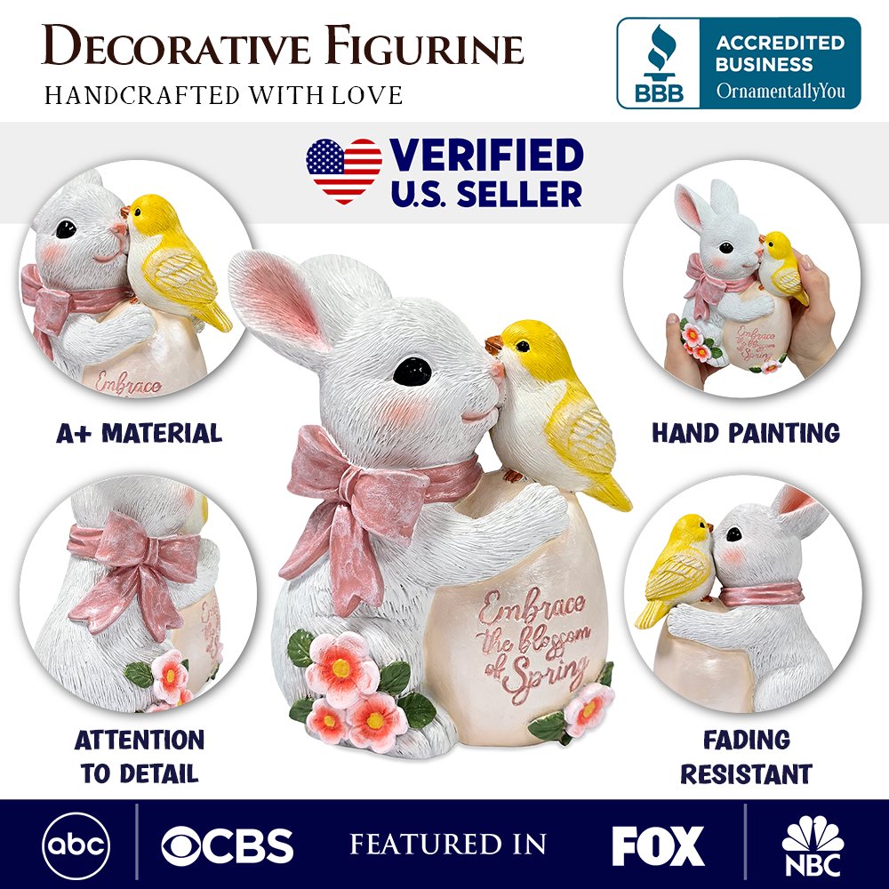 Bunny and Yellow Bird Easter Garden Statue, 7" Spring Rabbit Figurine Outdoor Decor Resin Statues OrnamentallyYou 