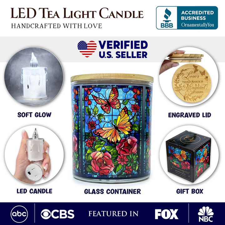 Butterfly Faux Stained Glass LED Tea Light Candle, Sentimental Tabletop Spring Decor With Soft Glow