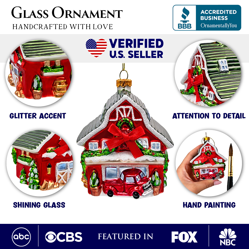(Pre-Order) Charming Farmhouse Cabin Glass Christmas Ornament, Winter Rural Home Holiday Tree Decor