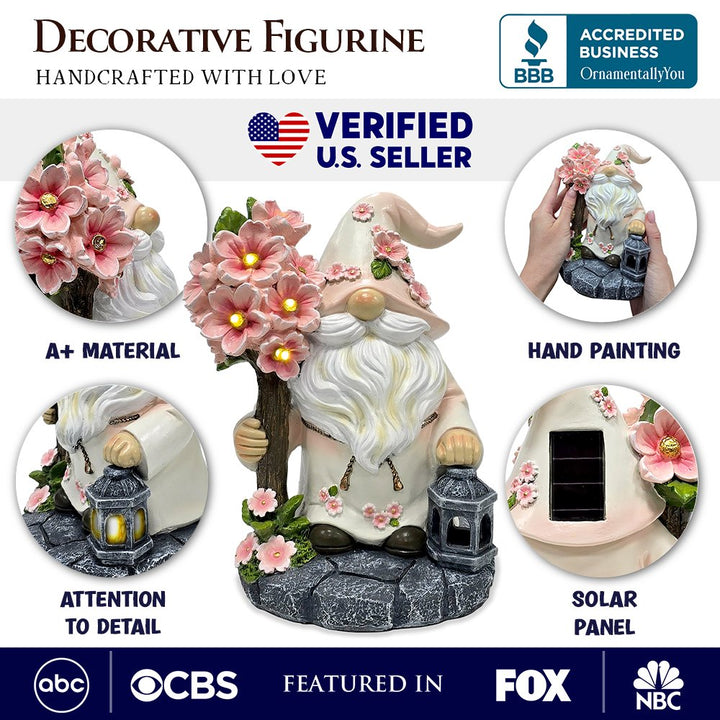 Cherry Blossom Gnome Solar Garden Statue, 8" Figurine and Floral Outdoor Decor Resin Statues OrnamentallyYou 