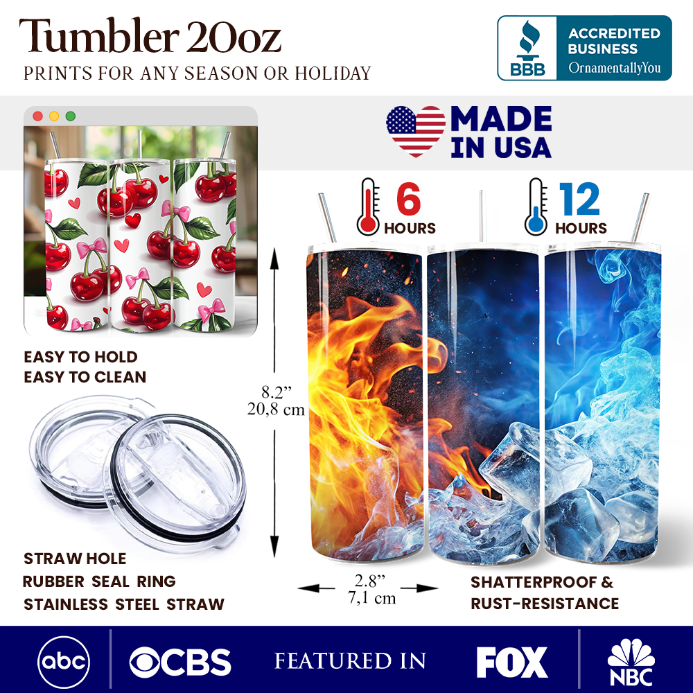 Cherry Bow Pattern 20oz Personalized Tumbler With Lid and Stainless Steel Straw, Valentine Travel Mug Gift