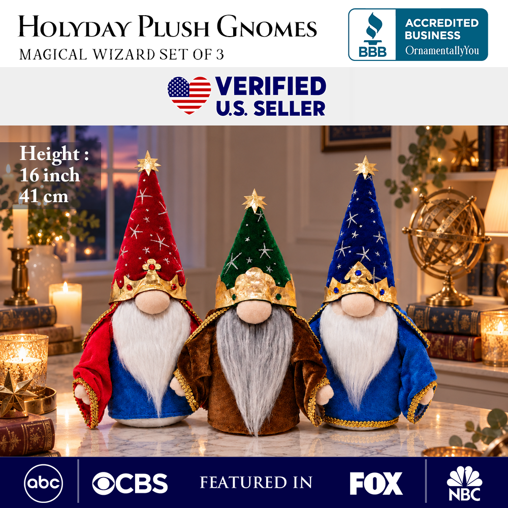 Christmas Magical Wizard Plush Gnome Set of 3, Whimsical 16" Holiday Decor with Stars and Crowns
