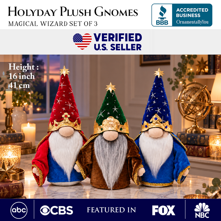 Christmas Magical Wizard Plush Gnome Set of 3, Whimsical 16" Holiday Decor with Stars and Crowns