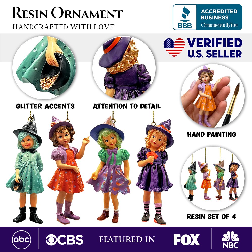 (Pre-Order) Classic Victorian Little Witch Girls Set of 4 Ornaments, Vintage Halloween Tree Resin Decoration Ornament Bundle OrnamentallyYou 