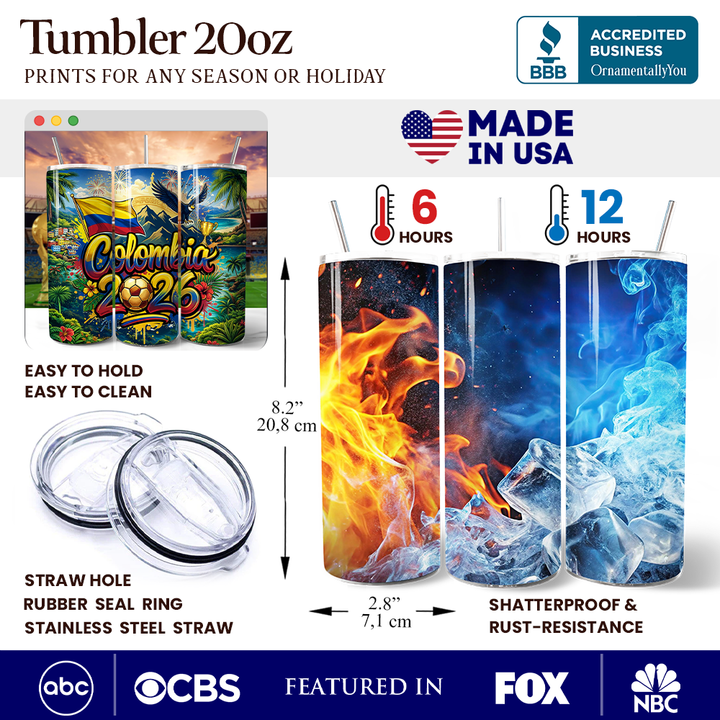 Colombia 2026 Soccer Cup Global Championship 20oz Tumbler With Lid and Stainless Steel Straw, Fans Football Gift Cup