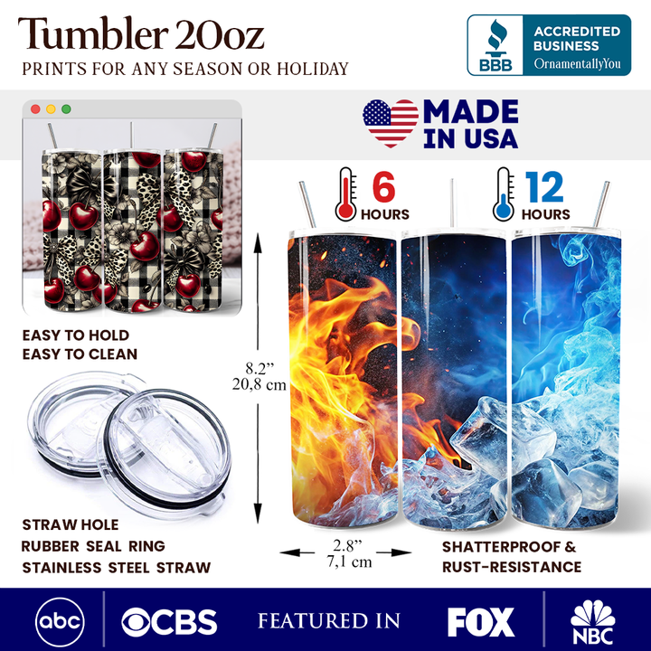 Coquette Cherries And Bows 20oz Personalized Tumbler With Lid and Stainless Steel Straw, Vintage Girly Buffalo Plaid Gift Cup