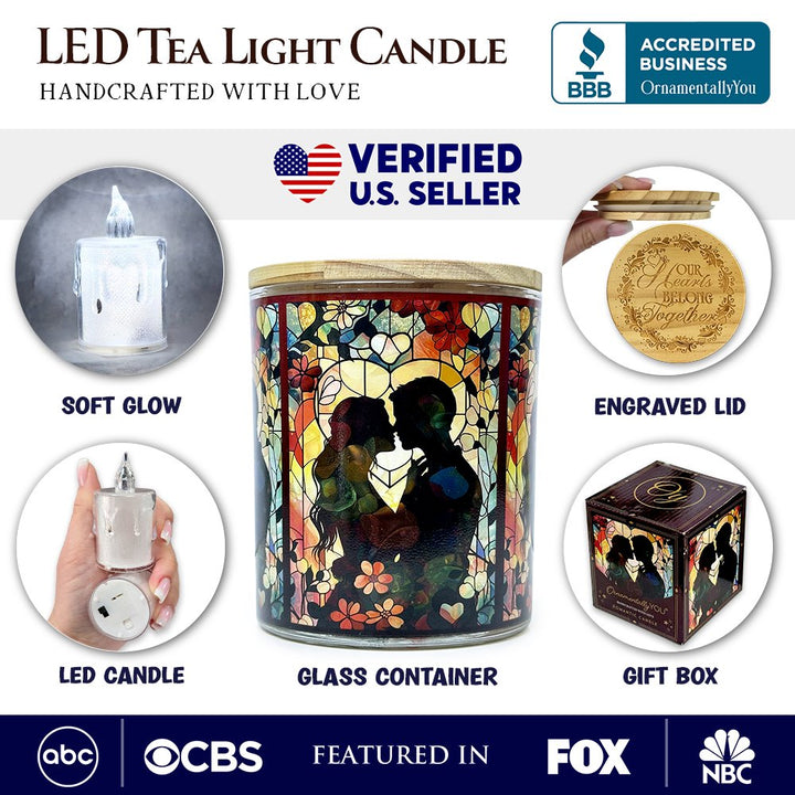 Couple in Love Faux Stained Glass LED Tea Light Candle, Heartfelt Romantic Decor With Soft Glow Candles OrnamentallyYou 