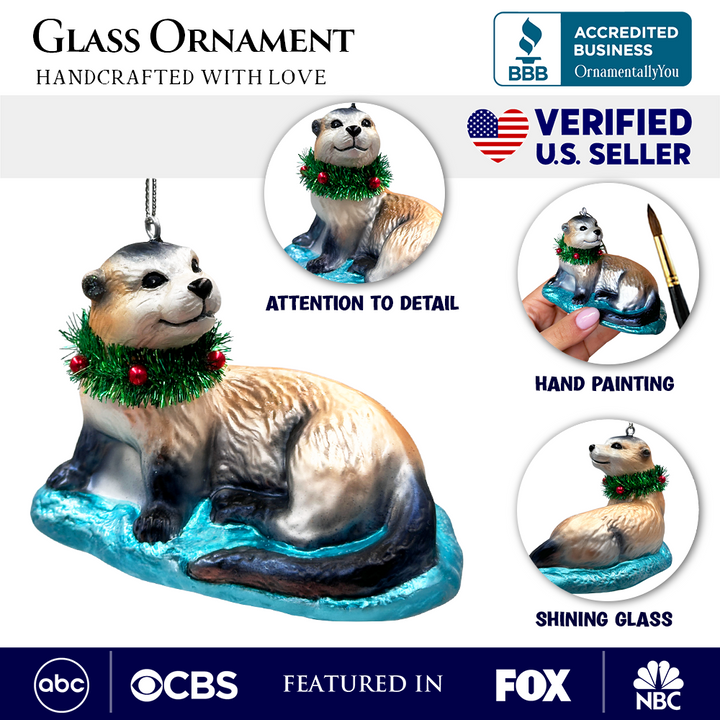 (Pre-Order) Cute Otter Glass Christmas Ornament, Exotic Animal Tree Decoration