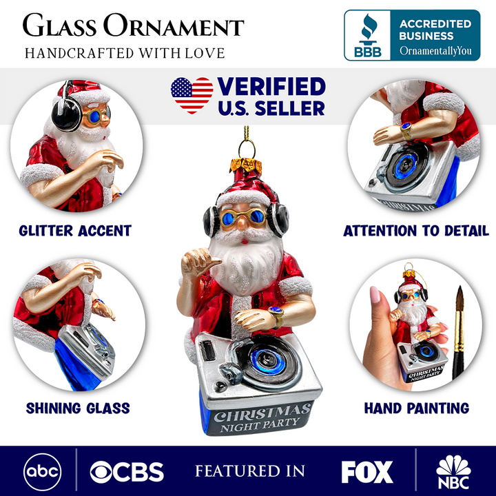 (Pre-Order) DJ Santa Spinning Christmas Party Glass Ornament, Headphones and Music Star Hipster Tree Decor