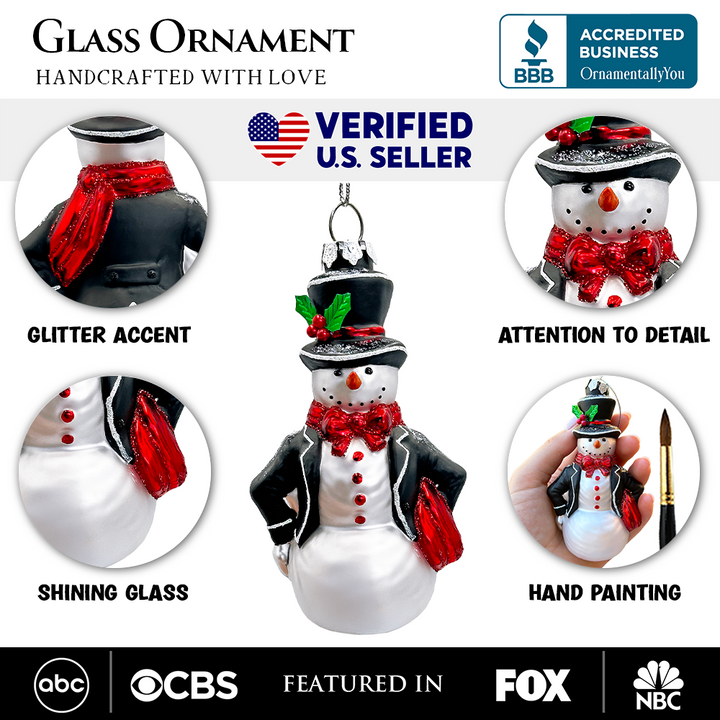 (Pre-Order) Dapper Gentleman Snowman Glass Christmas Ornament, Refined Handblown Holiday Tree Decor