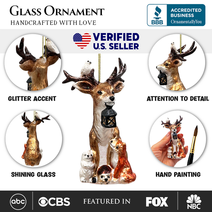 (Pre-Order) Deer with Lantern Glass Christmas Ornament, Woodland Animal Tree Decor