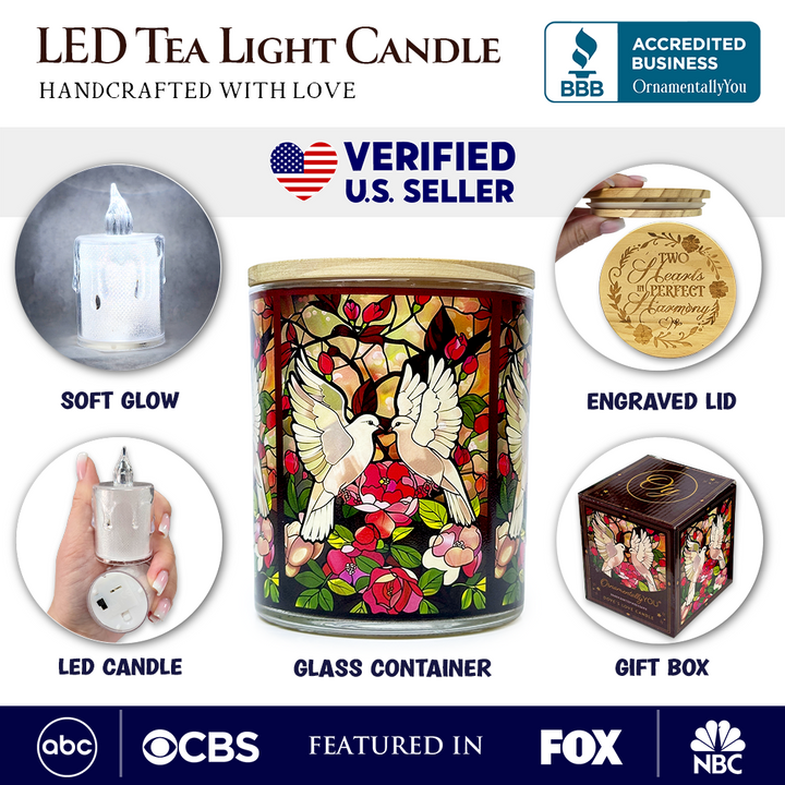 Doves Faux Stained Glass LED Tea Light Candle, Graceful Bird Tabletop Decor With Soft Glow