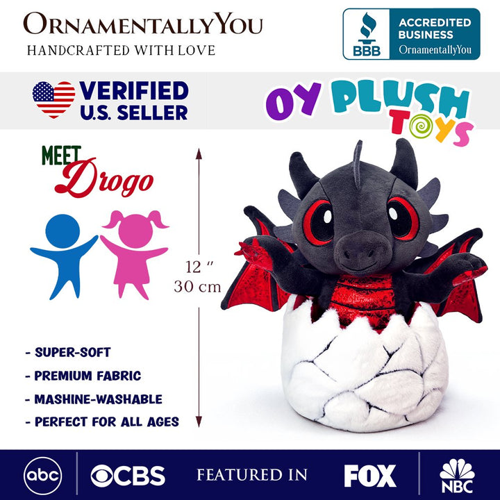 Drogo the Dino in an Egg Plushie, 12" Black and Red Dinosaur Stuffed Animal Gift for Boys and Teens Plush Toys OrnamentallyYou 