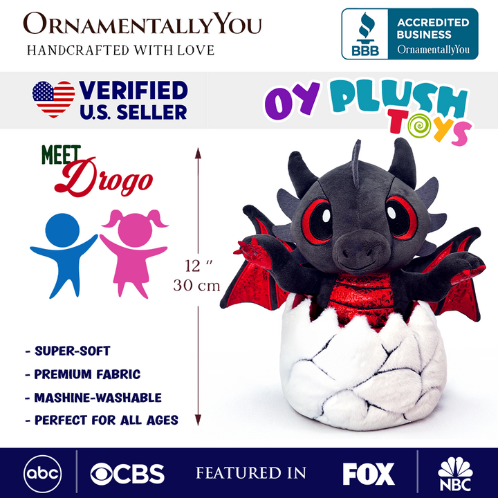(Pre-Order) Drogo the Dino in an Egg Plushie, 12" Black and Red Dinosaur Stuffed Animal Gift for Boys and Teens