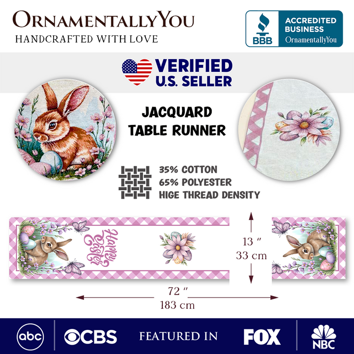 Easter Bunny 72" Jacquard Table Runner, High Quality Spring Holiday Rectangle Tablecloth with Cute Rabbit Design