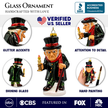 (PRE-ORDER) Ebenezer Scrooge with Candle Glass Christmas Ornament, A Christmas Carol Victorian Holiday Decor