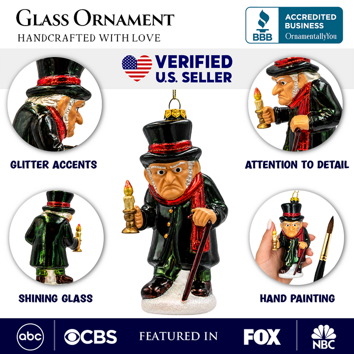 (PRE-ORDER) Ebenezer Scrooge with Candle Glass Christmas Ornament, A Christmas Carol Victorian Holiday Decor