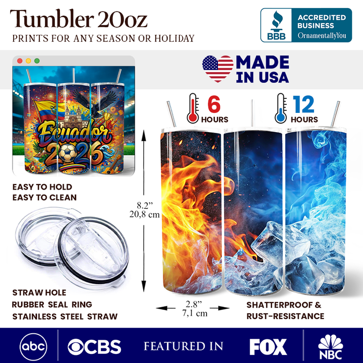 Ecuador 2026 Soccer Cup Global Championship 20oz Tumbler With Lid and Stainless Steel Straw, Fans Football Gift Cup