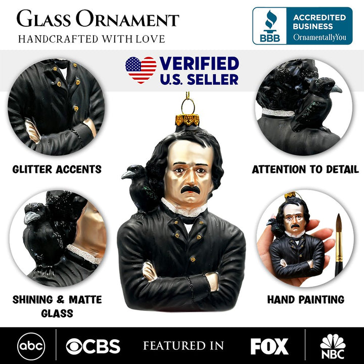 (Pre-Order) Edgar Allan Poe Glass Christmas Ornament, Spooky Halloween Horror Decor Glass Ornament OrnamentallyYou 