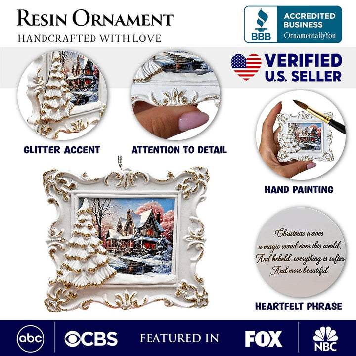 Elegant Winter Cottage Portrait Christmas Ornament, Artistic Painting Tree Decor Resin Ornaments OrnamentallyYou 