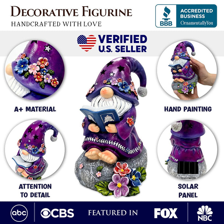 Enchanted Wisdom Solar Book Reader Gnome Figurine, 8" Lighted Lavender Purple Garden Statue Resin Statues OrnamentallyYou 