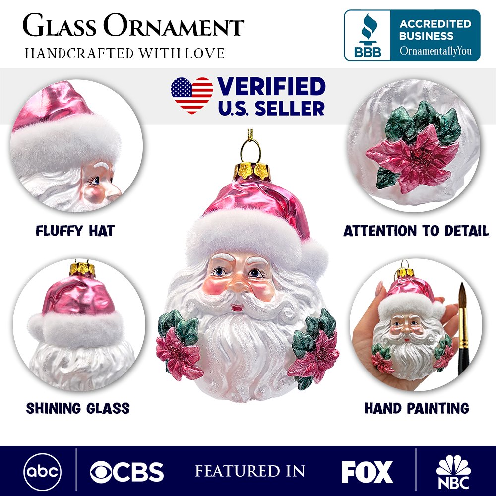 Enchanting Pink Santa Head Glass Ornament, Vintage Christmas Tree Decor Glass Ornament OrnamentallyYou 