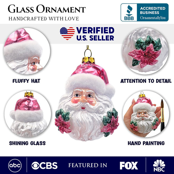 Enchanting Pink Santa Head Glass Ornament, Vintage Christmas Tree Decor Glass Ornament OrnamentallyYou 