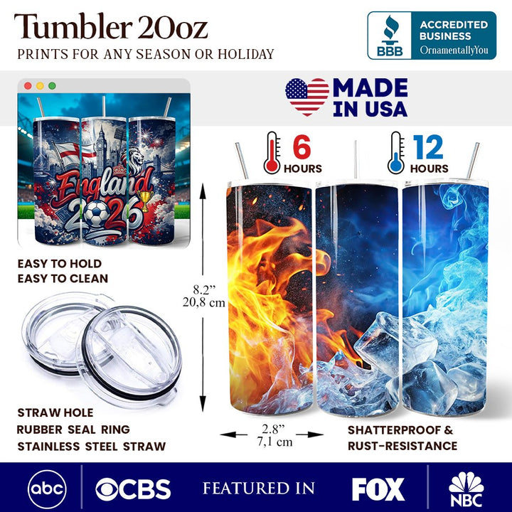England 2026 Soccer Cup Global Championship 20oz Tumbler With Lid and Stainless Steel Straw, Fans Football Gift Cup Tumbler OrnamentallyYou 