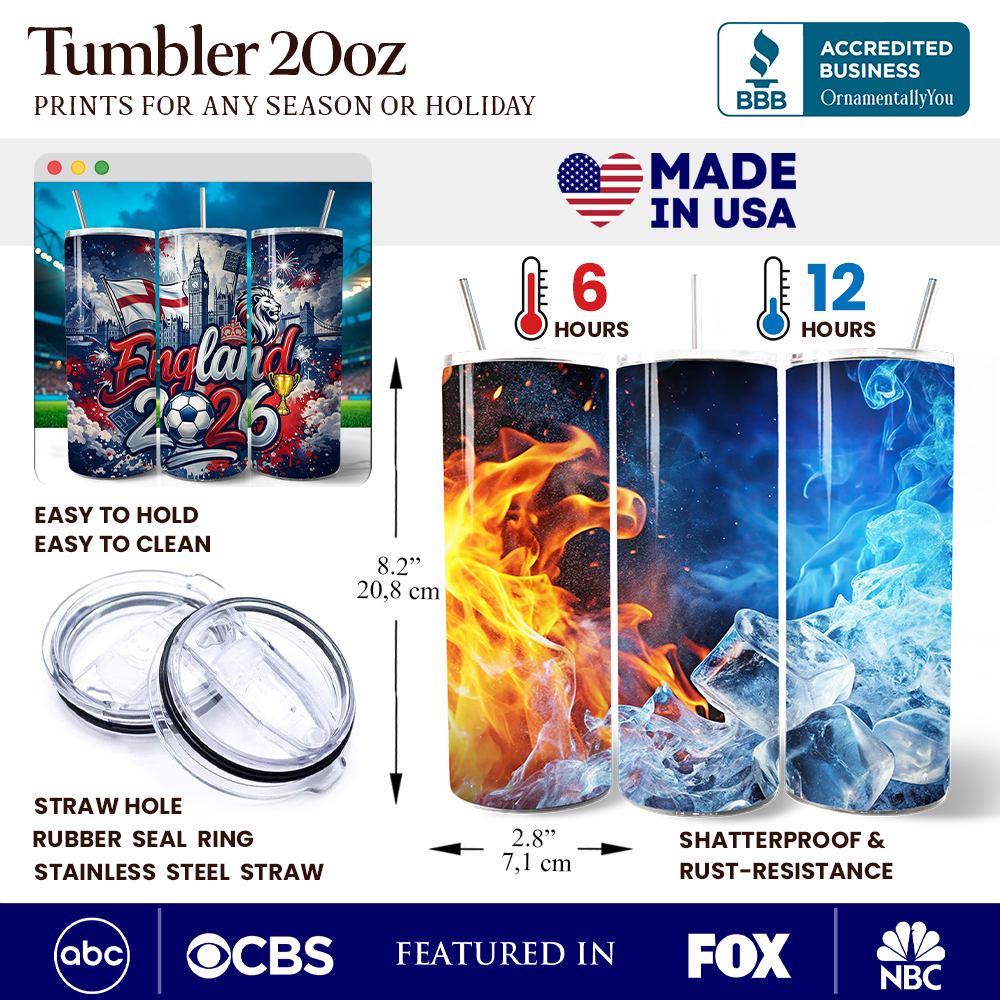 England 2026 Soccer Cup Global Championship 20oz Tumbler With Lid and Stainless Steel Straw, Fans Football Gift Cup