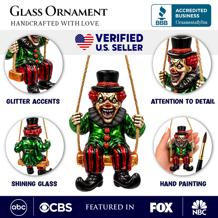 (PRE-ORDER) Evil Clown on Swing Glass Ornament, Creepy Carnival Horror Halloween Tree Decor