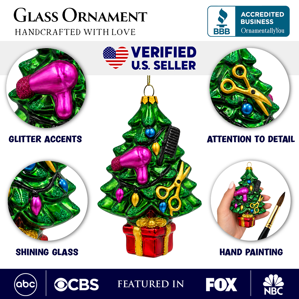 (PRE-ORDER) Festive Hairdresser Christmas Tree Glass Ornament, Hairstylist Salon Gift Holiday Decor
