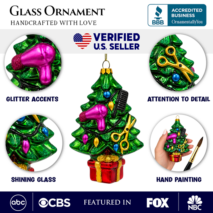 (PRE-ORDER) Festive Hairdresser Christmas Tree Glass Ornament, Hairstylist Salon Gift Holiday Decor