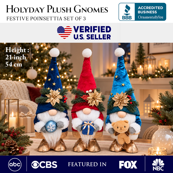 Festive Poinsettia Plush Gnome Set of 3, Blue Red and Teal 21" Christmas Decor with Present and Teddy Bear
