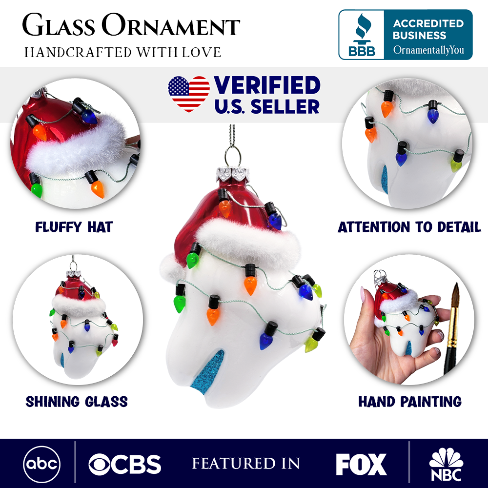 (Pre-Order) Festive Tooth Glass Christmas Ornament, Dentist Gift and Decor