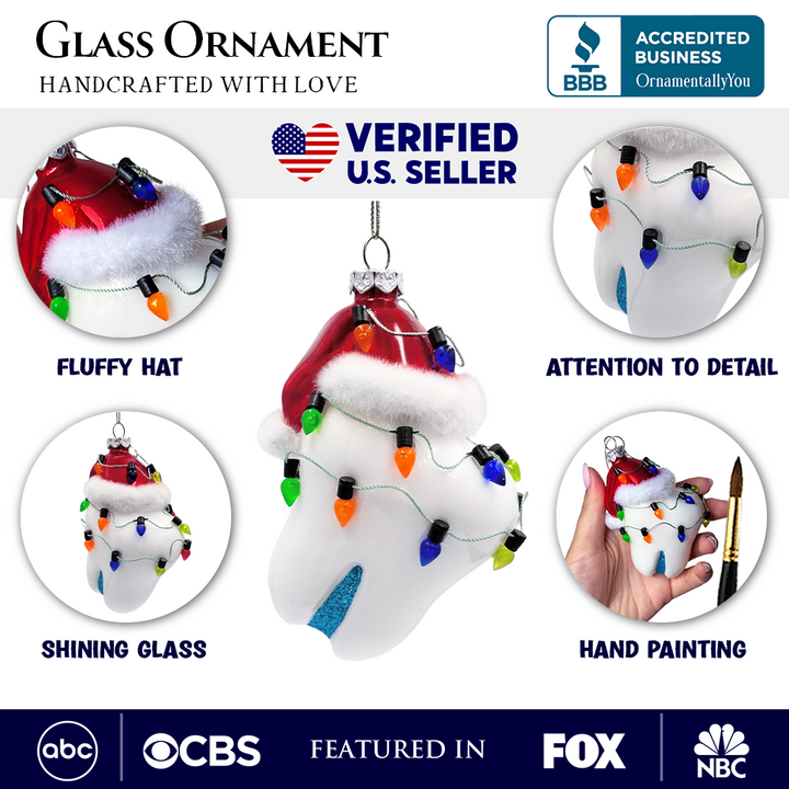 (Pre-Order) Festive Tooth Glass Christmas Ornament, Dentist Gift and Decor